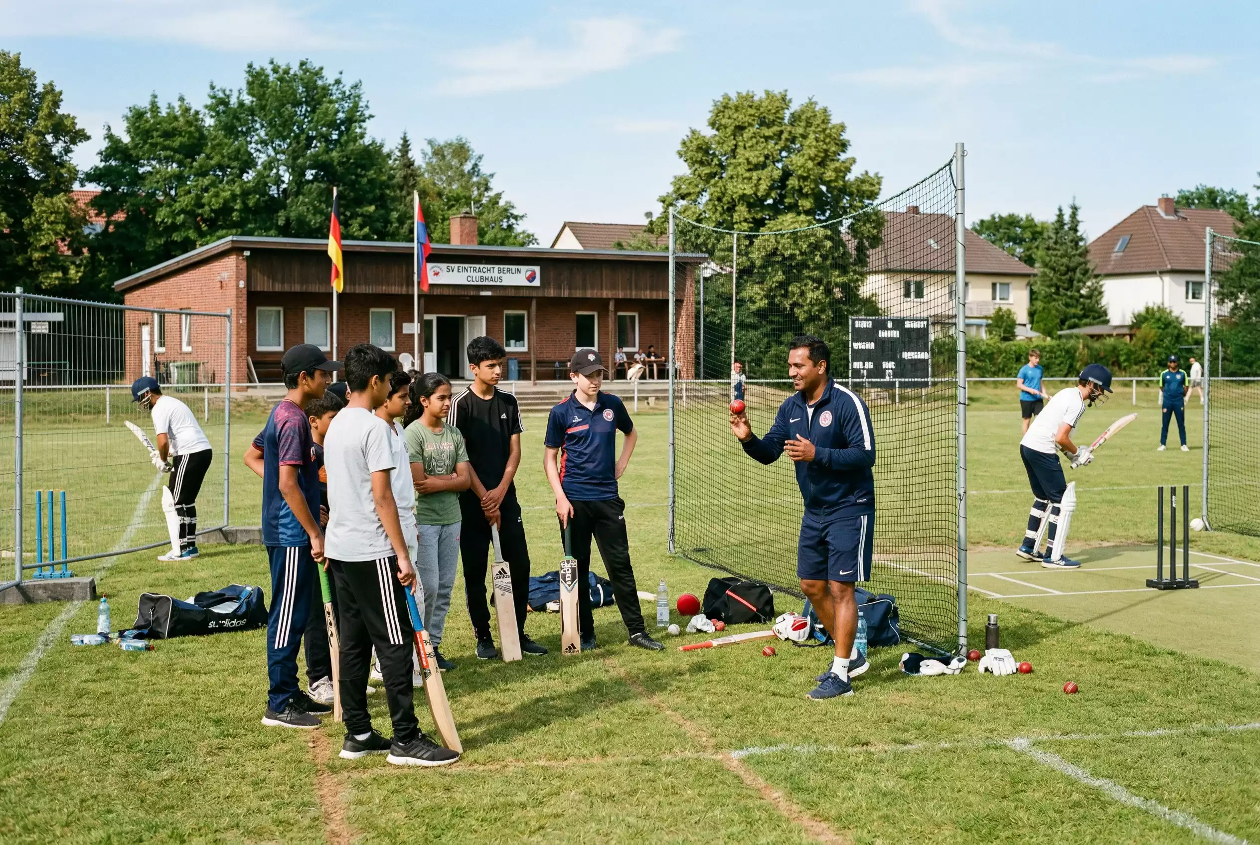 Cricket-Training bei einem deutschen Verein mit Spielern verschiedener Herkunft auf dem Spielfeld