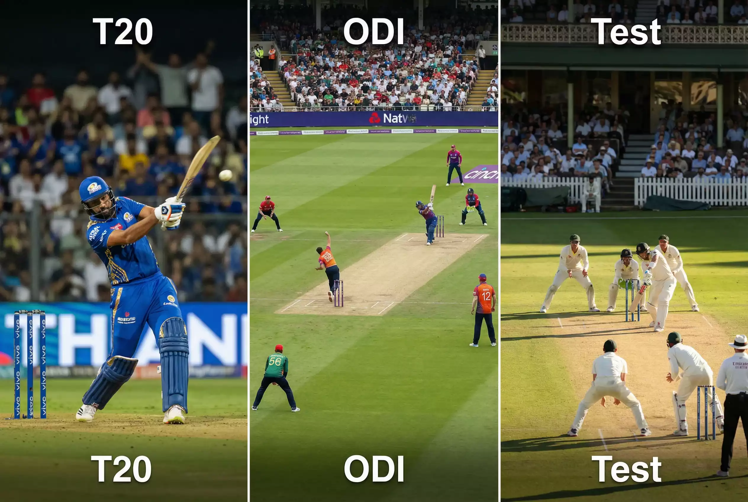 Drei Cricket-Spielszenen zeigen die unterschiedlichen Formate T20 ODI und Test Cricket