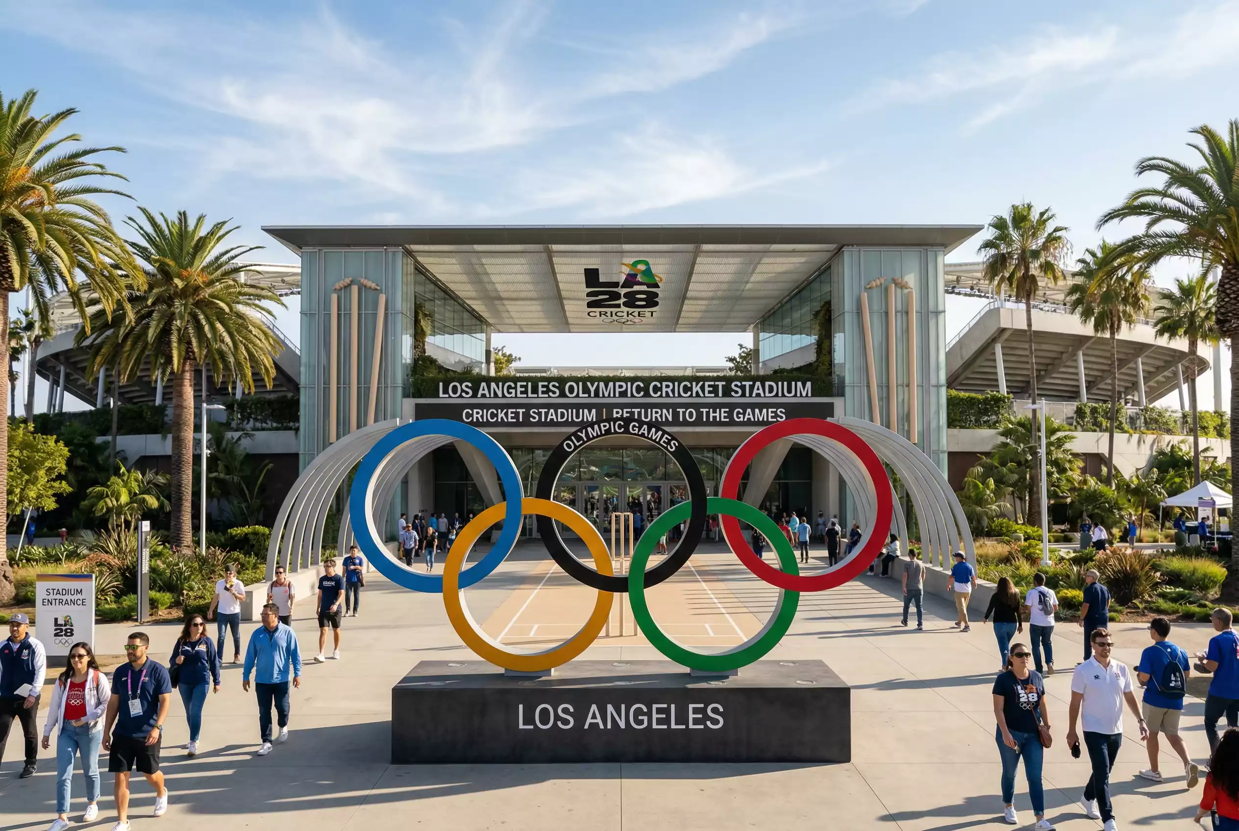 Olympische Ringe vor einem Cricket-Stadion symbolisieren die Rückkehr des Sports zu Olympia 2028
